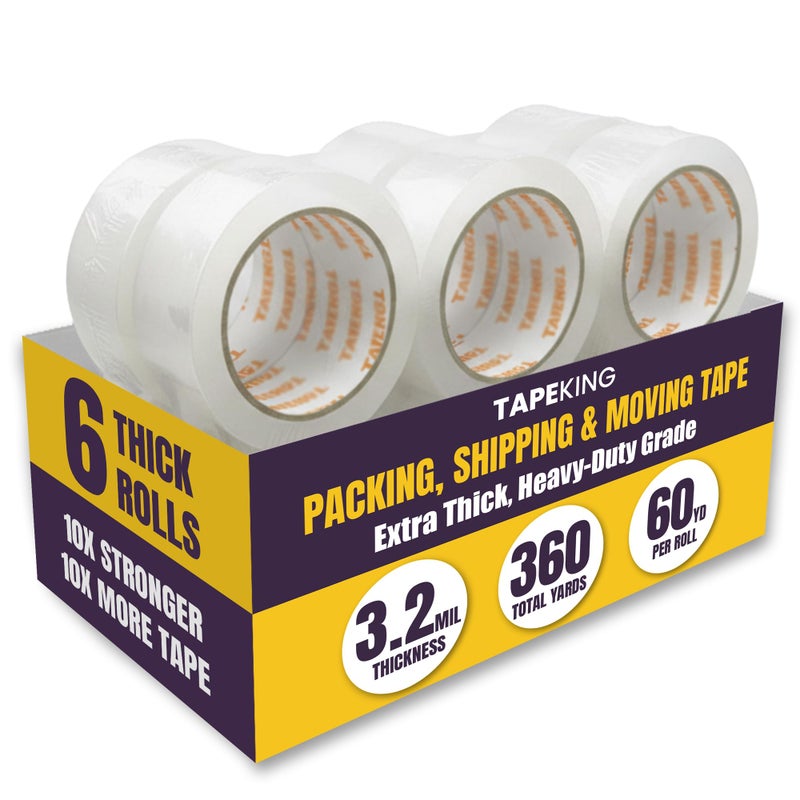 Tape King شريط كينج الشفاف للتغليف سميك للغاية | 60 ياردة لكل لفة (6 لفات) | شريط تغليف ثقيل بعرض 2 بوصة لاصق قوي 3.2 مل لنقل الصناديق، شحن الكرتون، الاستخدام المكتبي، الإغلاق (360 ياردة) - Image 1